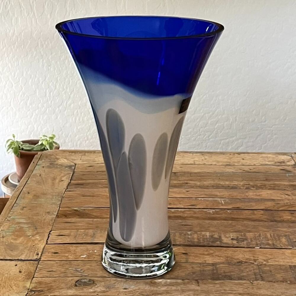 Makora Cobalt Blue Trim Hand-blown Glass Vase 12.5" Tall Made in Poland - Picture 5 of 13